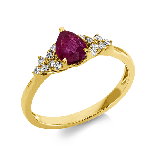 Ring 18 kt GG, 14 Brill. 0,14 ct, TW-si, 1 Rubin 0,69 ct rot