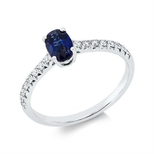 Ring 18 kt WG, 16 Brill. 0,18 ct, TW-si, 1 Saphir 0,72 ct blau