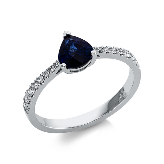 Ring 18 kt WG, 16 Brill. 0,15 ct, TW-si, 1 Saphir 1,00 ct blau