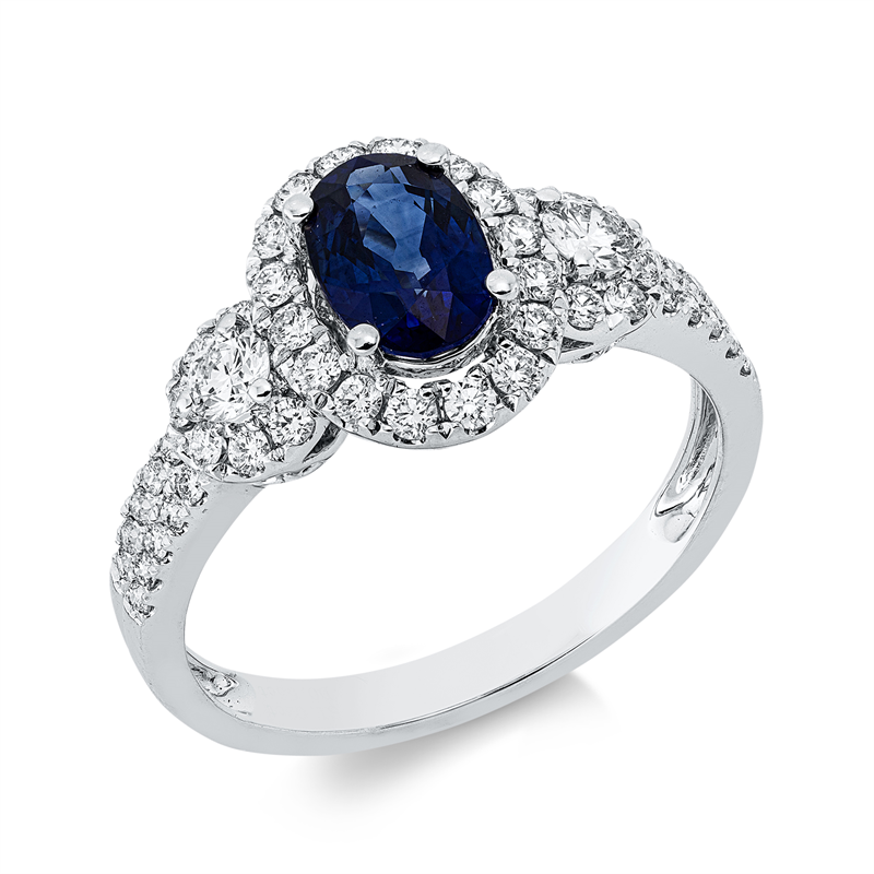 Ring 18 kt WG, 2 Brill. 0,16 ct, TW-si, 48 Brill. 0,40 ct, TW-si, 1 Saphir 1,02 ct blau