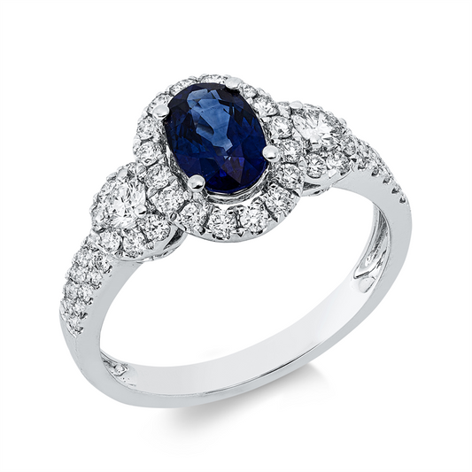 Ring 18 kt WG, 2 Brill. 0,16 ct, TW-si, 48 Brill. 0,40 ct, TW-si, 1 Saphir 1,02 ct blau