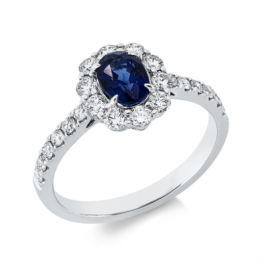 Ring 18 kt WG, 22 Brill. 0,66 ct, TW-si, 1 Saphir 1,02 ct blau