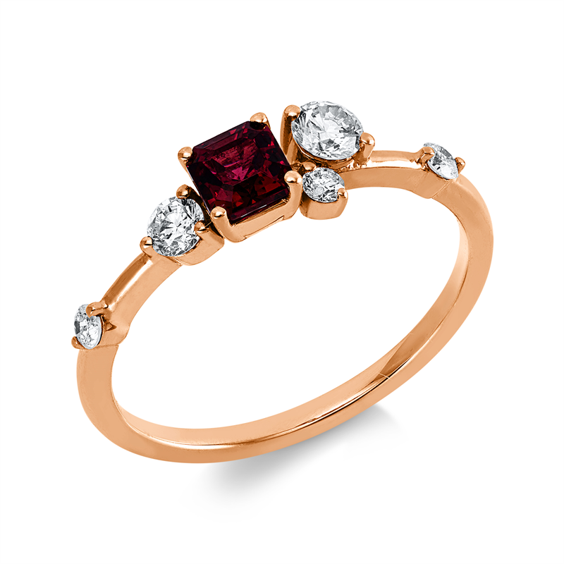 Ring 18 kt RG, 2 Brill. 0,21 ct, W-pi, 3 Brill. 0,09 ct, W-pi, 1 Spinel 0,43 ct rot