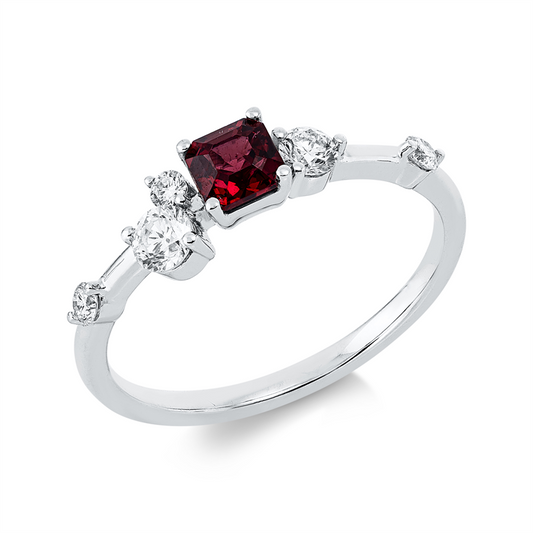 Ring 18 kt WG, 2 Brill. 0,21 ct, W-pi, 3 Brill. 0,09 ct, W-pi, 1 Spinel 0,39 ct rot