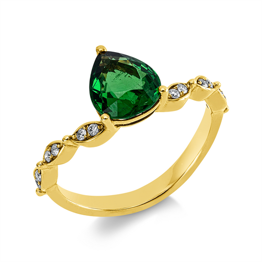 Ring 18 kt GG, 12 Brill. 0,08 ct, W-pi, 1 Tsavorith 1,71 ct grün