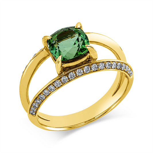 Ring 18 kt GG, 42 Brill. 0,28 ct, W-pi, 1 Turmalin 1,93 ct grün