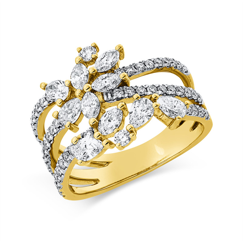 Ring 18 kt GG, 3 Nav. 0,14 ct, TW-vsi, 6 Brill. 0,18 ct, TW-si