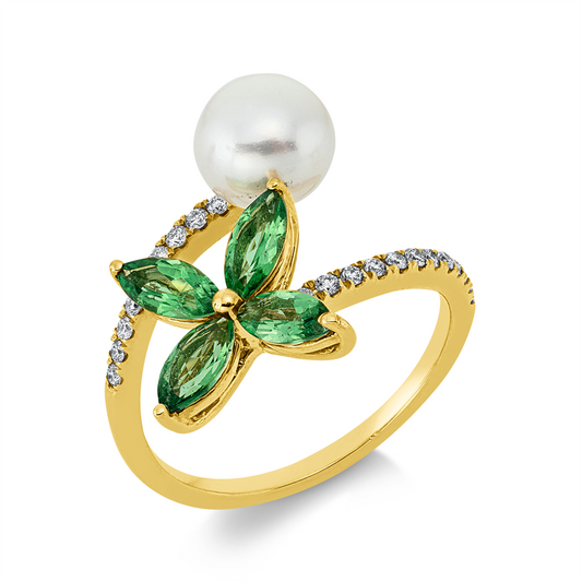 Ring 18 kt GG, 22 Brill. 0,17 ct, TW-si, 4 Tsavorith 1,04 ct grün, 1 SW weiß 7 mm