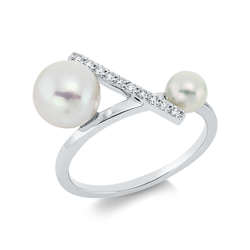 Ring 18 kt WG, 10 Brill. 0,10 ct, TW-si, 1 SW weiß 7,5 mm, 1 SW weiß 4,5 mm