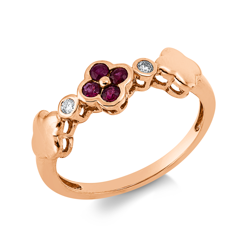 Ring 18 kt RG, 2 Brill. 0,04 ct, TW-si, 4 Rubine 0,17 ct rot