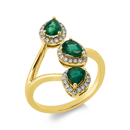 Ring 18 kt GG, 48 Brill. 0,23 ct, TW-si, 3 Smaragde 1,01 ct grün