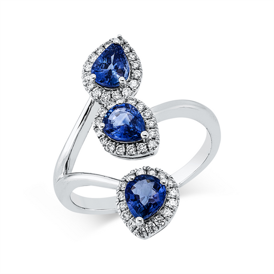 Ring 18 kt WG, 48 Brill. 0,23 ct, TW-si, 3 Saphire 1,16 ct blau