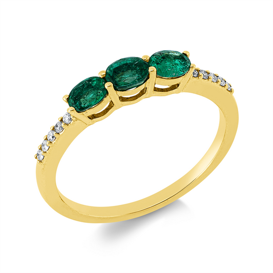 Ring 18 kt GG, 10 Brill. 0,06 ct, TW-si, 3 Smaragde 0,56 ct grün