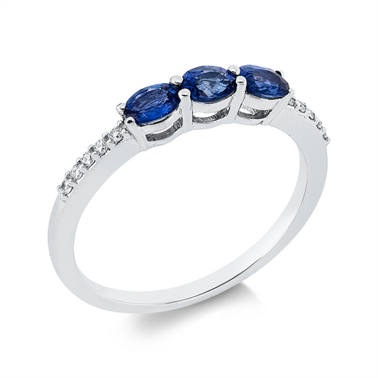 Ring 18 kt WG, 10 Brill. 0,06 ct, TW-si, 3 Saphire 0,59 ct blau