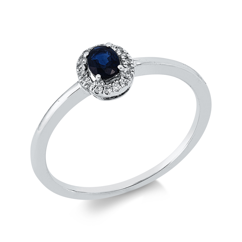 Ring 18 kt WG, 18 Brill. 0,05 ct, TW-si, 1 Saphir 0,21 ct blau