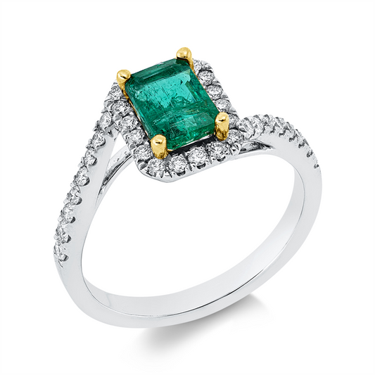 Ring 18 kt WG+GG, 34 Brill. 0,34 ct, TW-si, 1 Smaragd 0,95 ct grün