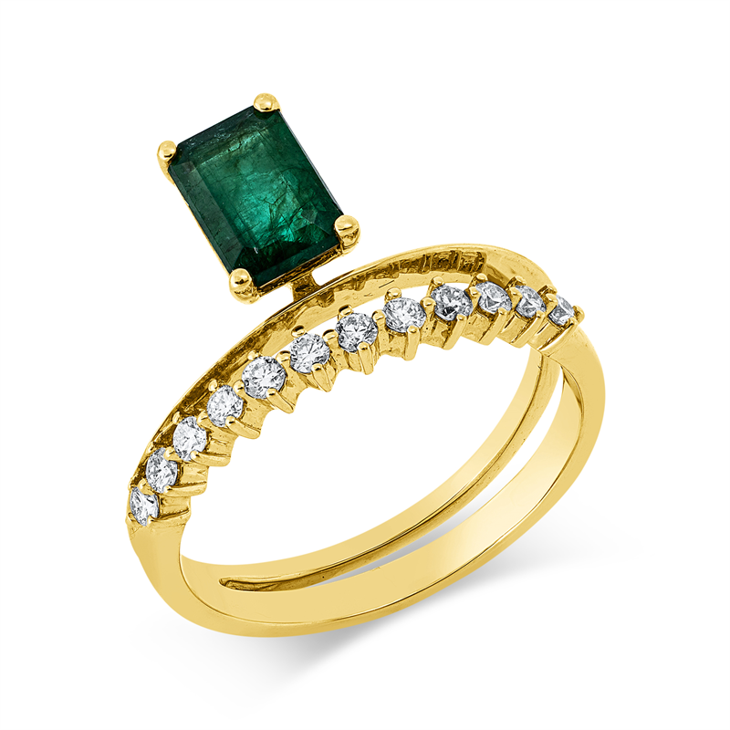 Ring 18 kt GG, 12 Brill. 0,22 ct, TW-si, 1 Smaragd 0,97 ct grün