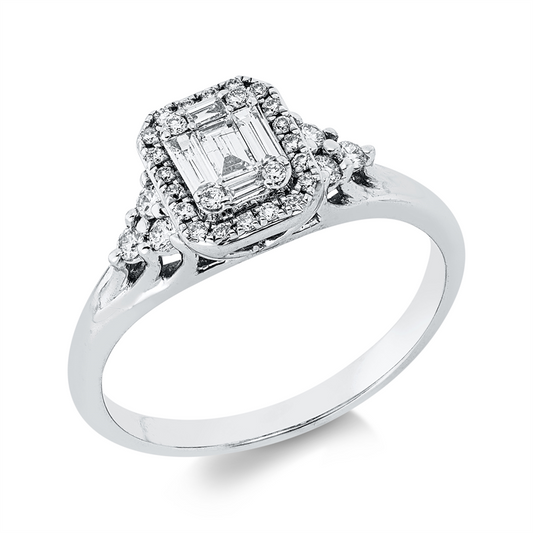 Ring 18 kt WG, 3 Bag. 0,12 ct, TW-vsi/si, 30 Brill. 0,20 ct, TW-vsi/si, 2 Bag. 0,03 ct, TW-vsi/si