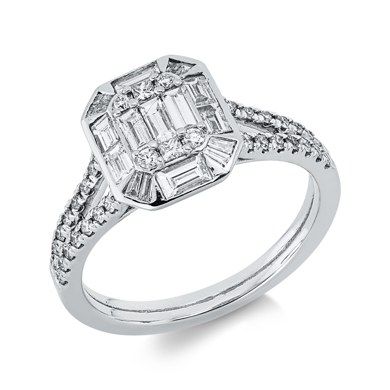 Ring 18 kt WG, 2 Princ. 0,04 ct, 36 Brill. 0,30 ct, 9 Trap. 0,45 ct, 8 Trap. 0,08 ct, TW-vsi/si