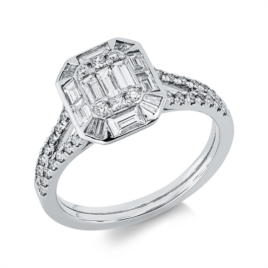 Ring 18 kt WG, 2 Princ. 0,04 ct, 36 Brill. 0,30 ct, 9 Trap. 0,45 ct, 8 Trap. 0,08 ct, TW-vsi/si