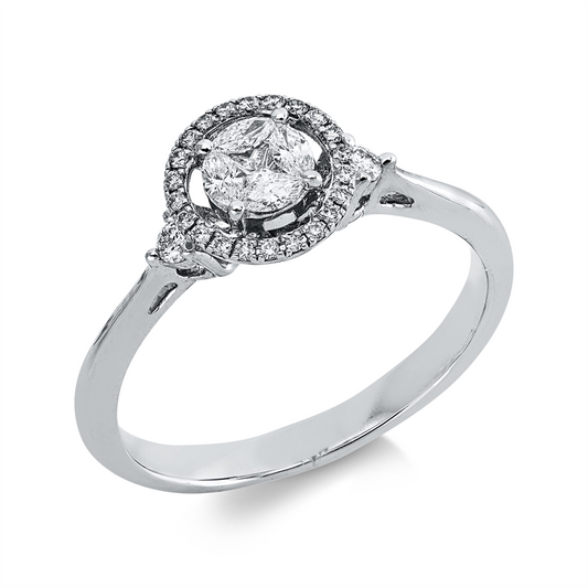 Ring 18 kt WG, 1 Princ. 0,05 ct, TW-vsi/si, 4 Nav. 0,15 ct, TW-vsi/si, 24 Brill. 0,13 ct, TW-vsi/si