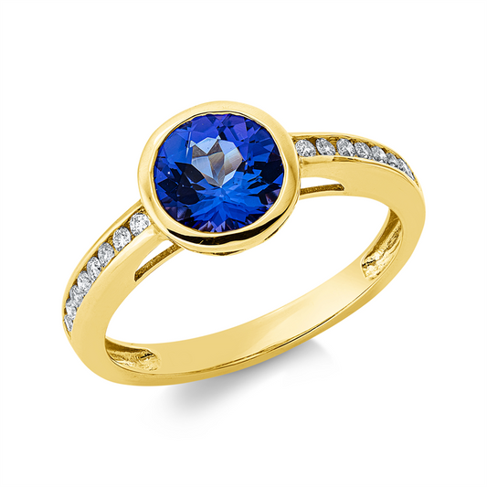 Ring 14 kt GG, 16 Brill. 0,15 ct, TW-si, 1 Tansanit 1,56 ct blau