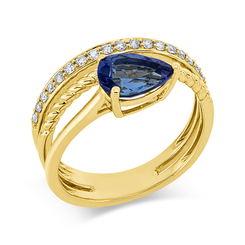 Ring 18 kt GG, 19 Brill. 0,19 ct, TW-si, 1 Tansanit 1,34 ct blau