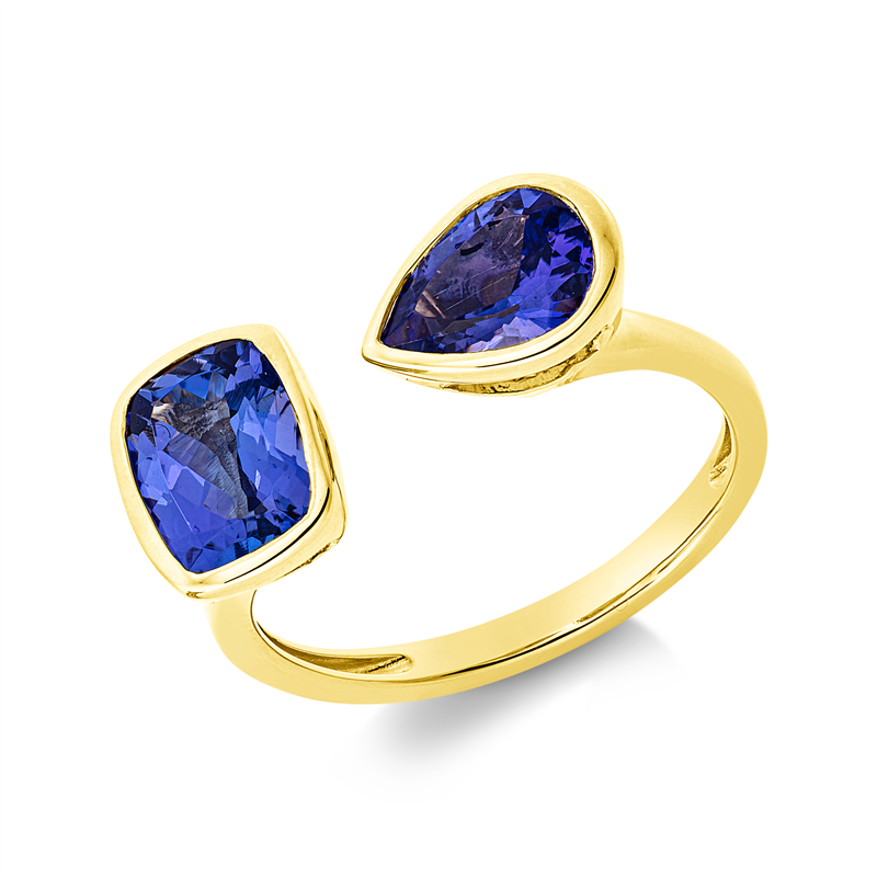 Ring 14 kt GG, 1 Tansanit 1,39 ct blau, 1 Tansanit 1,07 ct blau