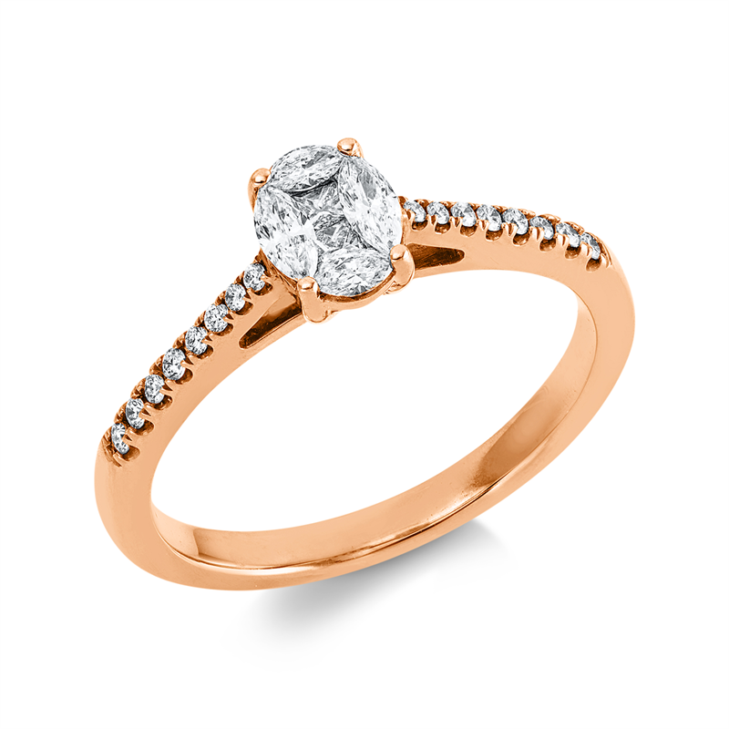 Ring 18 kt RG, 2 Nav. 0,07 ct, 2 Princ. 0,04 ct, 2 Nav. 0,13 ct, 16 Brill. 0,09 ct, TW-vsi/s