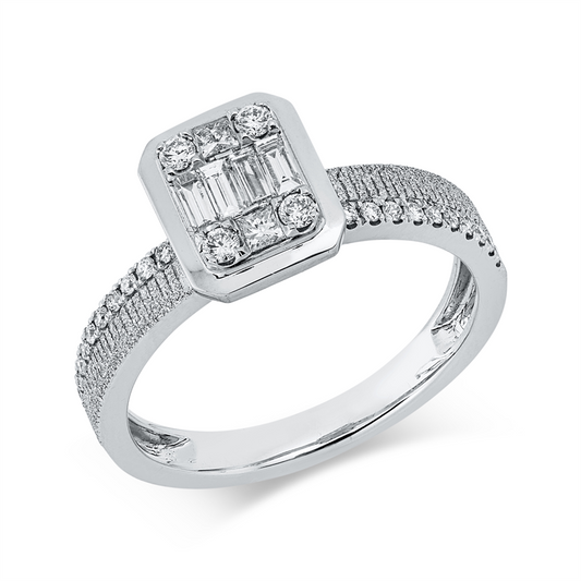 Ring 18 kt WG, 4 Brill. 0,07 ct, 4 Bag. 0,15 ct, TW-si, 2 Princ. 0,06 ct, TW-si, 22 Brill. 0,11 ct, TW-si