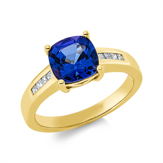 Ring 18 kt GG, 8 Princ. 0,23 ct, TW-si, 1 Tansanit 2,15 ct blau