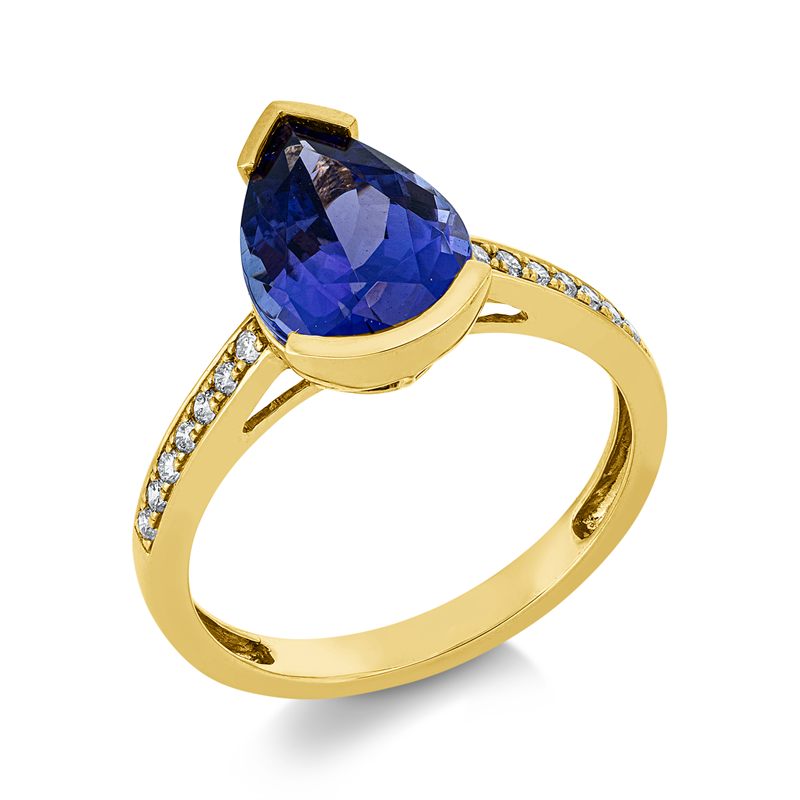 Ring 14 kt GG, 14 Brill. 0,13 ct, TW-si, 1 Tansanit 3,14 ct blau