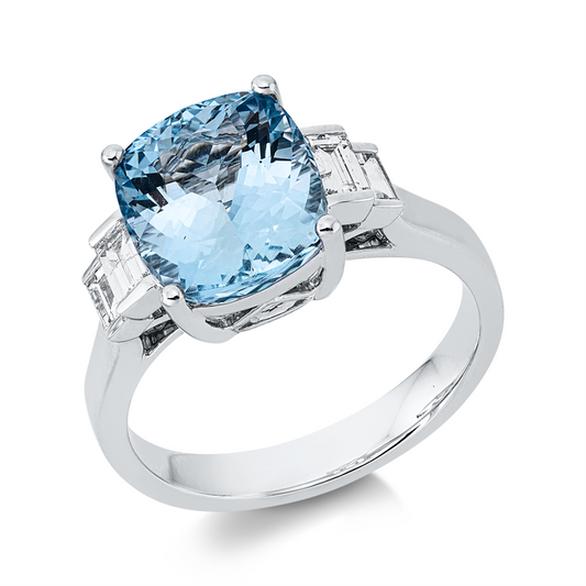 Ring 18 kt WG, 4 Bag. 0,36 ct, TW-si, 1 Aquamarin 3,48 ct blau