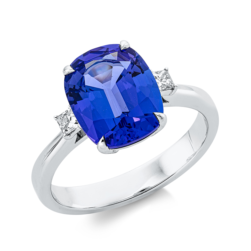 Ring 18 kt WG, 2 Princ. 0,13 ct, TW-si, 1 Tansanit 4,09 ct blau
