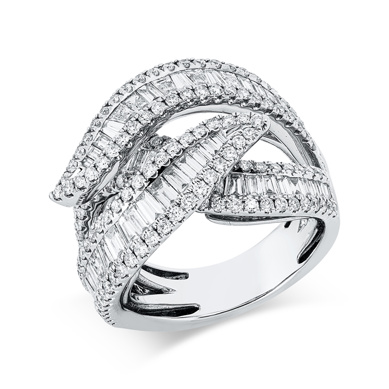 Ring 18 kt WG, 30 Bag. 0,78 ct, TW-si, 31 Trap. 1,38 ct, TW-si, 144 Brill. 1,29 ct, TW-si