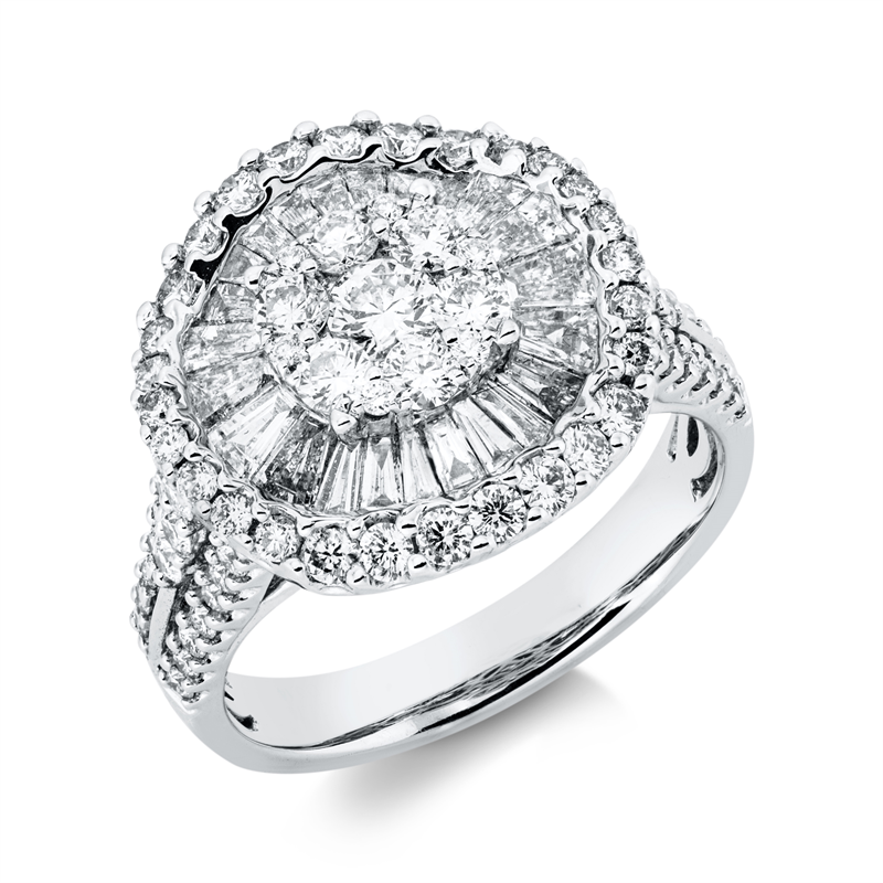 Ring 18 kt WG, 23 Trap. 0,68 ct, TW-si, 1 Brill. 0,14 ct, TW-si, 78 Brill. 1,06 ct, TW-si