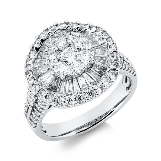 Ring 18 kt WG, 23 Trap. 0,68 ct, TW-si, 1 Brill. 0,14 ct, TW-si, 78 Brill. 1,06 ct, TW-si