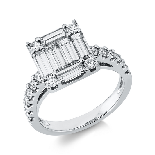 Ring 18 kt WG, 6 Bag. 1,28 ct, TW-vsi, 16 Brill. 0,56 ct, TW-vsi