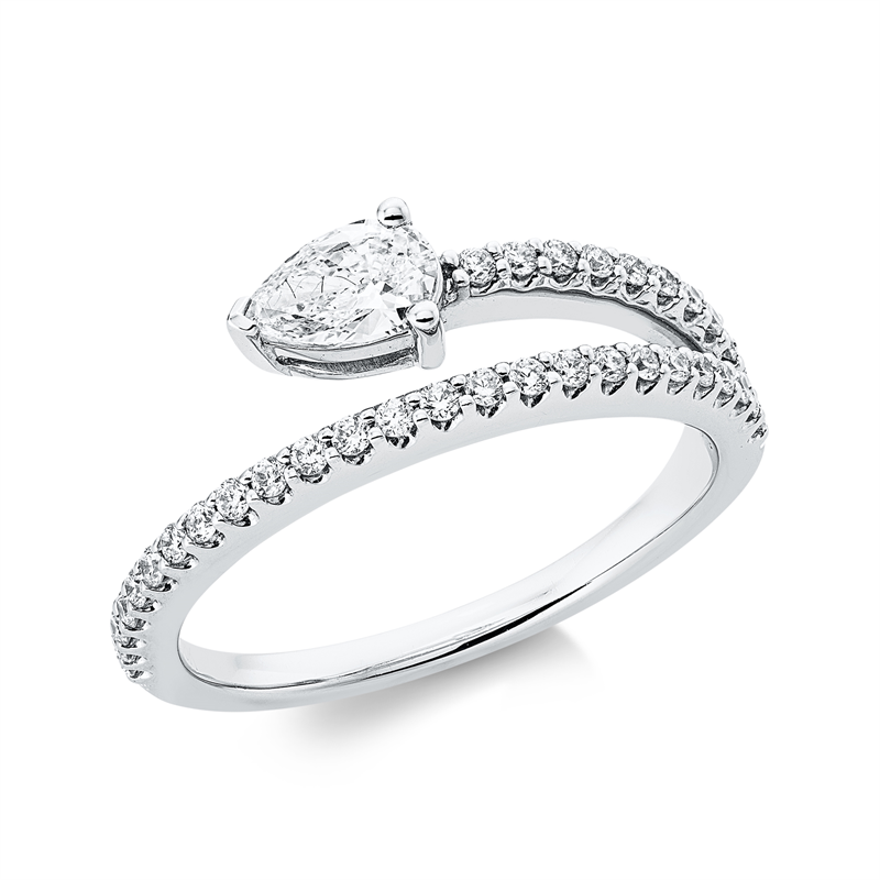 Ring 18 kt WG, 1 Tropfen 0,30 ct, W-vsi, 35 Brill. 0,25 ct, TW-si