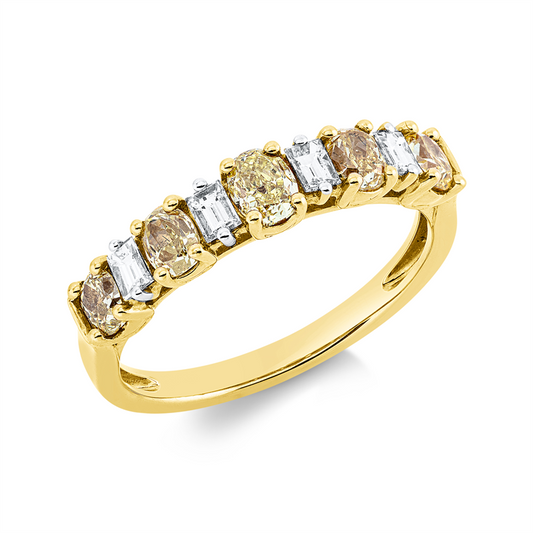 Ring 18 kt GG, 4 Bag. 0,25 ct, TW-si, 5 Oval 0,96 ct, gelb
