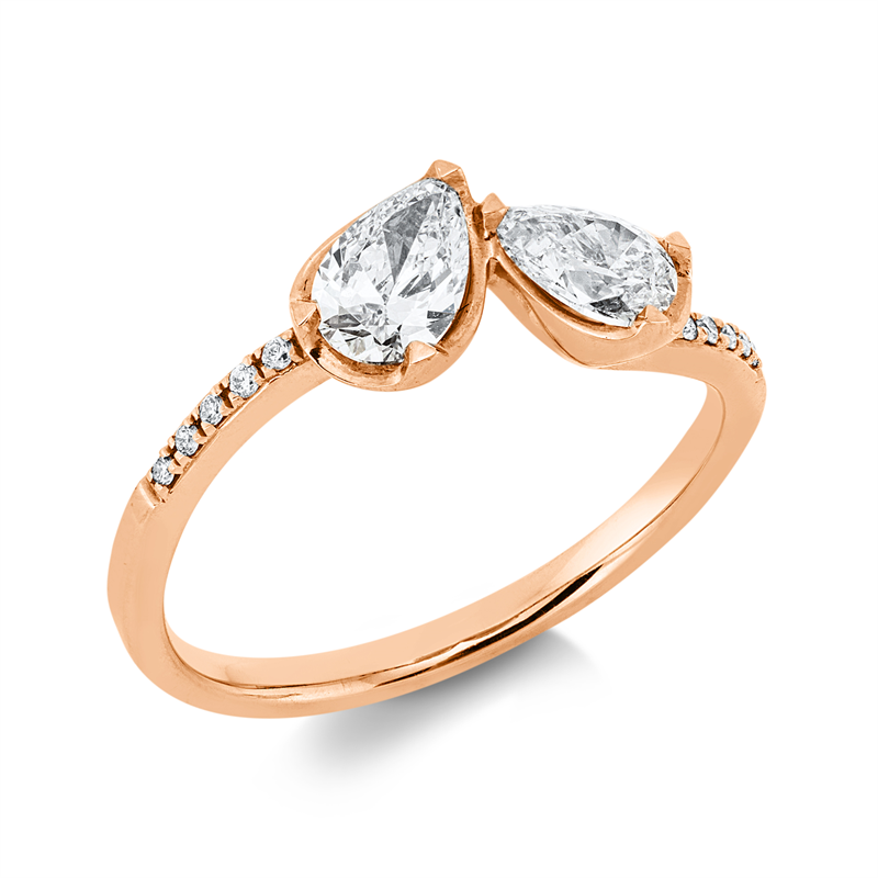 Ring 18 kt RG, 2 Tropfen 0,70 ct, W-si, 10 Brill. 0,03 ct, TW-si
