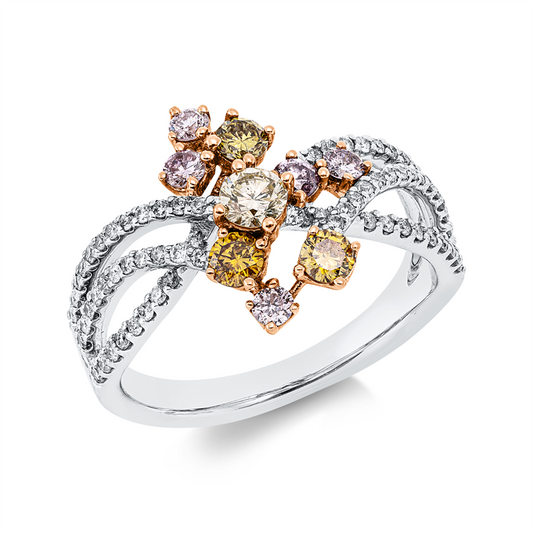 Ring 18 kt WG+RG, 70 Brill. 0,39 ct, TW-si, 9 Fant-Schl. 0,60 ct, fancy