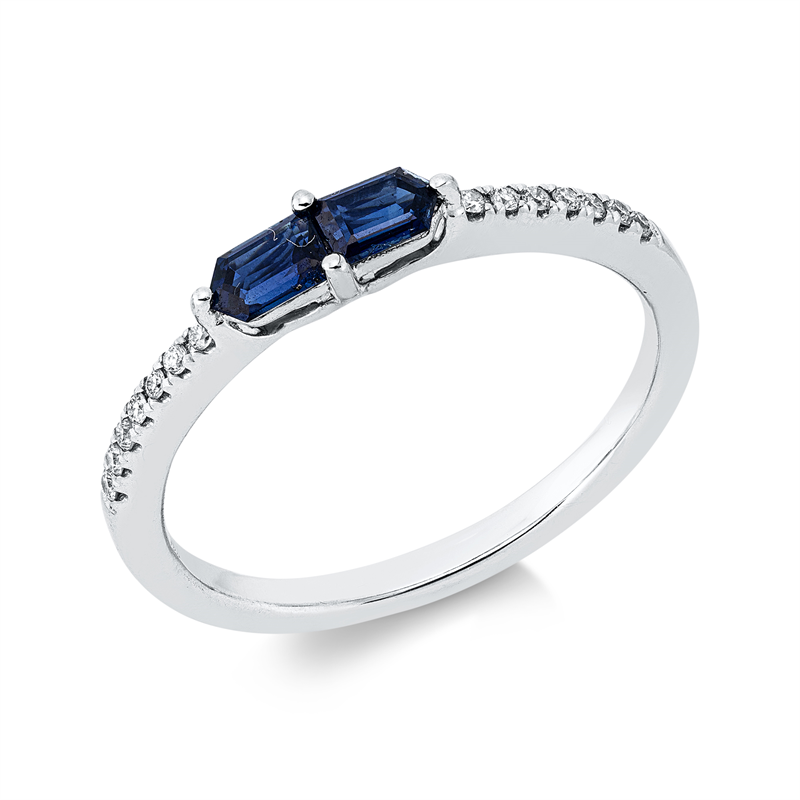 Ring 18 kt WG, 14 Brill. 0,06 ct, W-si, 2 Saphire 0,40 ct blau