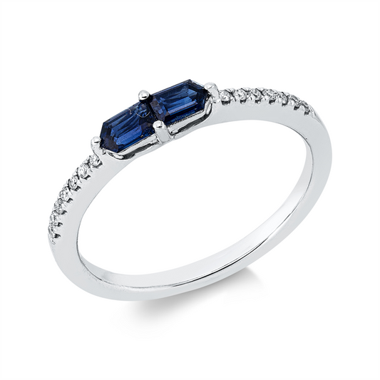 Ring 18 kt WG, 14 Brill. 0,06 ct, W-si, 2 Saphire 0,40 ct blau