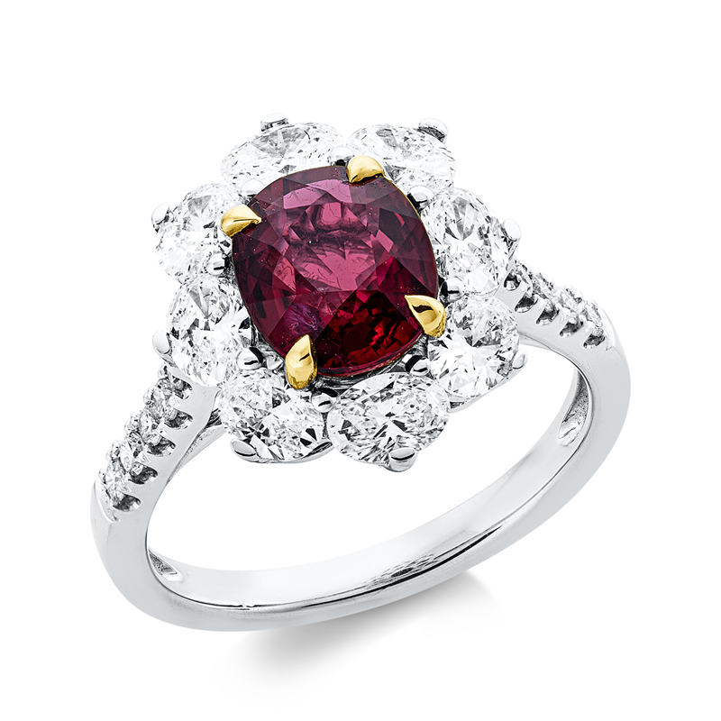 Ring 18 kt WG+GG, 8 Oval 1,23 ct, TW-vsi, 10 Brill. 0,14 ct, TW-si, 1 Rubin 2,16 ct rot