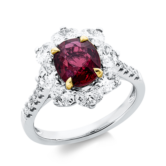 Ring 18 kt WG+GG, 8 Oval 1,23 ct, TW-vsi, 10 Brill. 0,14 ct, TW-si, 1 Rubin 2,16 ct rot
