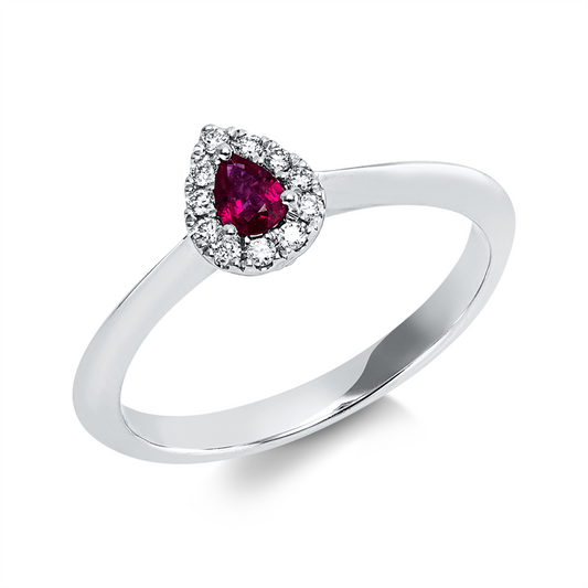 Ring 18 kt WG, 11 Brill. 0,08 ct, TW-vsi, 1 Rubin 0,17 ct rot