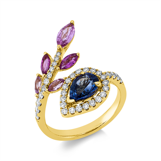 Ring 18 kt GG, 36 Brill. 0,45 ct, TW-si, 1 Saphir 1,20 ct blau, 5 Saphire 0,95 ct pink
