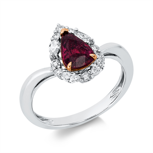 Ring 18 kt WG+GG, 4 Nav. 0,20 ct, TW-vsi, 8 Brill. 0,15 ct, TW-si, 1 Rubin 1,02 ct rot