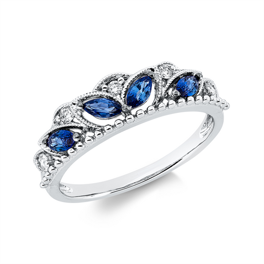 Ring 18 kt WG, 5 Brill. 0,09 ct, TW-si, 4 Saphire 0,35 ct blau